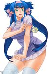  blue_hair blush eyebrows green_eyes headband klan_klein long_hair macross macross_frontier meltrandi miniskirt pointy_ears satta_naoto skirt sweatdrop thighhighs thighs twintails zentradi zettai_ryouiki 