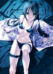  black_panties blue_eyes blue_hair bra garters legband legs lingerie long_hair long_legs lying original panties rezi sitting slender solo underwear 