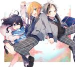  1girl 2boys blush green_eyes hand_holding izumo_kasumi_(nijisanji) looking_at_viewer multiple_boys necktie nijisanji open_mouth pants plaid plaid_pants plaid_vest pleated_skirt school_uniform shimada71_72 skirt suzuki_masaru uzuki_kou vest yellow_eyes 