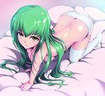  all_fours ass bangs bed_sheet breasts brown_eyes butt_crack c.c. code_geass dimples_of_venus green_hair kasai_shin long_hair looking_at_viewer medium_breasts no_shoes panties shiny sideboob solo thighhighs topless underwear white_legwear white_panties 