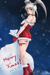  ass blush boots choker christmas copyright_request dress gift gloves long_hair panties pantyshot rasukaru red_eyes red_gloves santa_costume silver_hair solo strapless strapless_dress twintails underwear white_panties 
