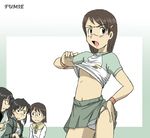  amasawa_yuuko black_hair brown_hair dennou_coil glasses harakawa_tamako hashimoto_fumie kakkii long_hair multiple_girls no_bra okonogi_yuuko panties raglan_sleeves shirt_lift short_hair skirt underwear 