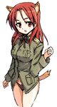  animal_ears formal kurou_(niconicorin) long_hair military military_uniform minna-dietlinde_wilcke no_pants oekaki open_mouth panties red_eyes red_hair ribbon simple_background solo strike_witches tail underwear uniform white_background world_witches_series 