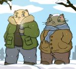  2018 anthro bear black_fur cat clothing drinks duo eyes_closed feline fur green_eyes jacket kusosensei male mammal overweight overweight_male pants pink_nose scarf snow sweater 