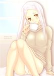  bad_id bad_pixiv_id breasts covered_nipples cup gundam gundam_00 kannagi_kaname long_hair medium_breasts no_pants panties pantyshot pink_hair smile solo soma_peries sweater underwear white_panties yellow_eyes 