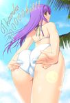  adjusting_clothes adjusting_swimsuit ass back bikini day from_behind from_below hits long_hair looking_back nakano_sora original purple_hair solo swimsuit yellow_eyes 