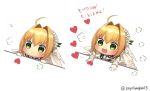  1girl :&lt; ahoge bangs blonde_hair blush bongo_cat chains closed_mouth directional_arrow dress eyebrows_visible_through_hair fate/extra fate/extra_ccc fate_(series) flower gloves green_eyes hair_between_eyes hair_intakes heart highres meme nero_claudius_(bride)_(fate) nero_claudius_(fate)_(all) open_mouth round_teeth sidelocks simple_background teeth translation_request twitter twitter_username upper_teeth veil white_background white_dress white_flower white_gloves yayoimaka03 