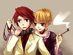  1girl beatrice blonde_hair blue_eyes collar grey_eyes holding holding_pipe kiseru pipe red_hair suzushiro_kurumi umineko_no_naku_koro_ni ushiromiya_battler 