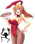  animal_ears baozi bow bowtie breasts bunny_ears bunny_girl bunny_tail bunnysuit charlotte_e_yeager food large_breasts long_hair miyafuji_yoshika orange_hair pantyhose shimakaze silhouette_demon strike_witches tail tray world_witches_series wrist_cuffs 