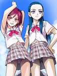  armpit_peek blue_eyes blue_hair futari_wa_precure_splash_star haruyama_kazunori kiryuu_kaoru kiryuu_michiru long_hair multiple_girls navel panties pantyshot precure red_eyes red_hair school_uniform short_hair skirt underwear white_panties yuunagi_middle_school_uniform 