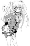  greyscale gun handgun holster little_busters! long_hair monochrome school_uniform serafuku skirt skirt_lift solo tehen thigh_strap tokido_saya twintails weapon 