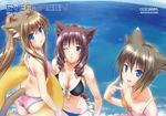  animal_ears bikini blue_eyes brown_hair cat_ears innertube minamino_kanata multiple_girls original swimsuit tail 