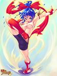  bandages bike_shorts blue_eyes blue_hair breasts covered_nipples hair_ribbon high_kick kicking long_hair medium_breasts mugen_no_fantasia ponytail ribbon solo takenami_hideyuki underboob 