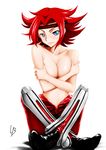  blue_eyes breast_hold breasts code_geass covering crossed_arms headband kallen_stadtfeld large_breasts lb red_hair short_hair sitting solo topless 