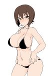  1girl absurdres bangs bikini black_bikini blush breasts brown_eyes brown_hair cleavage closed_mouth commentary cowboy_shot eyes_visible_through_hair frown girls_und_panzer groin half-closed_eyes highres large_breasts large_breed_(monster_musume) looking_at_viewer lowleg lowleg_bikini navel navel_hair nishizumi_maho shanaharuhi short_hair simple_background skindentation solo standing swimsuit thighs white_background 