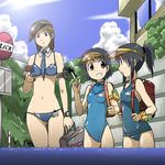  backpack bag bikini character_request day kakkii long_hair multiple_girls necktie one-piece_swimsuit original ponytail randoseru school_swimsuit short_hair side-tie_bikini swimsuit visor_cap wading 