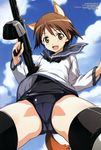  :d absurdres animal_ears bangs black_school_swimsuit blue_sky blue_swimsuit blush breasts cameltoe cloud cloudy_sky crotch day dog_ears drum_magazine flying foreshortening from_below gun highres hirata_katsuzou holding holding_gun holding_weapon long_sleeves looking_at_viewer machine_gun megami miyafuji_yoshika necktie no_pants non-web_source official_art one-piece_swimsuit open_mouth outdoors scan school_swimsuit school_uniform serafuku shirt short_hair sky small_breasts smile solo spread_legs strike_witches striker_unit swimsuit swimsuit_under_clothes thighhighs thighs trigger_discipline type_99_cannon weapon wind wind_lift world_witches_series zettai_ryouiki 