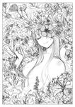  breasts closed_eyes copyright_request flower greyscale kusano_houki large_breasts long_hair monochrome nipples sketch smile solo topless 