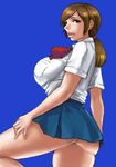  ass blue_background brown_eyes brown_hair copyright_request curvy lips lowres matoyama oekaki school_uniform skirt solo 