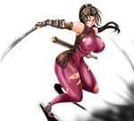  1girl armor bodysuit breasts brown_eyes brown_hair covered_nipples curvy huge_breasts katana long_hair ninja ponytail purple_bodysuit skin_tight solo soulcalibur sword taki_(soulcalibur) thick_thighs thighs torn_clothes weapon 