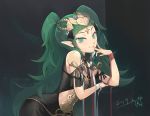  1girl 2019 :3 braid dated dress finger_to_mouth fire_emblem fire_emblem:_fuukasetsugetsu green_eyes green_hair hair_ornament hair_ribbon head_tilt jewelry leaning_on_object long_hair messy_hair nintendo pointy_ears ribbon shiroh46 smile solo sothis twin_braids twintails very_long_hair 
