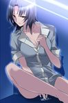 black_hair breasts cleavage copyright_request kurou_(yugato) medium_breasts no_pants open_clothes open_shirt pussy_juice shirt short_hair solo 