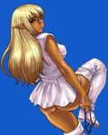  ass blonde_hair blue_background blue_eyes boots dark_elf dark_skin dress elf high_heel_boots high_heels lipstick looking_back lowres makeup matoyama microdress microskirt miniskirt oekaki panties panty_pull pirotess pointy_ears record_of_lodoss_war shoes skirt solo tan thighhighs underwear undressing 