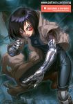  1girl black_hair bodysuit boots breasts clenched_hand commentary cyborg english_commentary facial_mark fighting_stance gally gunnm highres knee_boots knee_pads long_coat mechanical_arms patreon_username red_eyes short_hair small_breasts solo watermark web_address xong 