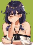  1girl ahoge alternate_costume amakaze arm_rest bespectacled black_wristband blush breasts cleavage collarbone dress eyebrows_visible_through_hair glasses green_background hair_ornament hair_tie hand_on_own_cheek highres kantai_collection large_breasts long_hair looking_at_viewer oekaki off_shoulder purple_eyes purple_hair shiny shiny_hair simple_background solo strapless sweatdrop taigei_(kantai_collection) twintails upper_body whale_hair_ornament white_dress 
