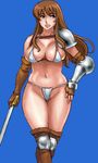  armor bikini bikini_armor blue_background blue_eyes boots breasts brown_hair copyright_request curvy fingerless_gloves gloves large_breasts lips long_hair lowres matoyama oekaki solo swimsuit sword thong_bikini weapon 