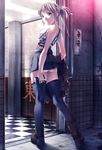  ass bare_shoulders blonde_hair boots elevator grey_eyes gun handgun highres holster legs midriff original panties pantyshot pistol ponytail rezi sig_sauer sig_sauer_sp2022 silver_hair skirt solo thighhighs underwear weapon white_panties 