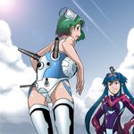  2girls ahoge aqua_eyes ass blood blue_hair blush bow cameltoe cloud commentary cosplay day esbeliben giantess green_hair hair_bow hair_ornament hairpin highres kakkii klan_klein macross macross_frontier mecha meltrandi miniboy missile multiple_girls nosebleed orange_eyes pointy_ears purple_hair ranka_lee regult regult_(cosplay) saotome_alto short_hair sky spandex surprised thighhighs topless walker zentradi 