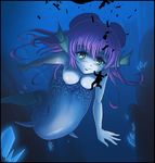  bad_source bent_over blue blue_skin border breasts cameltoe crystal felarya giantess green_eyes head_fins karbo long_hair medium_breasts mermaid monster_girl nipples purple_hair scales smirk solo thigh_gap underwater 