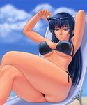  artist_request bikini blue_eyes blue_hair breasts copyright_request crossed_legs day highres large_breasts long_hair mole mole_under_mouth side-tie_bikini sitting solo sunglasses swimsuit underboob 