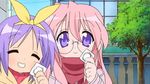  bow condom hair_bow hairbow hiiragi_tsukasa lucky_star photoshop pink_hair purple_eyes purple_hair scarf smile takara_miyuki tree 