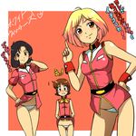  ascot belt black_hair blonde_hair blush brown_eyes brown_hair frau_bow gundam highres kakkii lowleg lowleg_panties military military_uniform mirai_yashima mobile_suit_gundam multiple_girls neck_ribbon no_pants panties parody pointing pointing_up ribbon sayla_mass short_hair skirt skirt_lift thong underwear uniform white_panties world_witches_series wrist_cuffs 