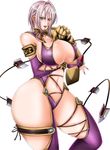  1girl armor ass blue_eyes breast_hold breasts curvy huge_breasts isabella_valentine midriff revealing_clothes short_hair sideboob solo soulcalibur sword thick_thighs thighs weapon whip whip_sword white_hair wide_hips 