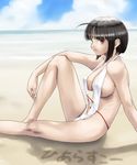  beach black_hair breasts day large_breasts original rasukaru red_eyes short_hair sideboob sitting slingshot_swimsuit solo swimsuit 