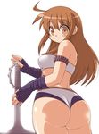  ass brown_eyes brown_hair fingerless_gloves gloves highres huge_ass long_hair monster_hunter naitou_kouse shorts solo weapon 