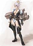  albino breasts cleavage eyepatch gun large_breasts monster_hunter open_clothes open_shirt rasukaru red_eyes shirt silver_hair solo thighhighs weapon 
