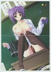  absurdres blush breasts brown_eyes buruma chalkboard desk girl's_avenue highres kinohara_hikaru large_breasts megami nipples open_clothes open_shirt purple_hair shirt sitting skirt solo thighhighs twintails 
