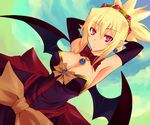  armpits bat_wings blonde_hair bow breasts cleavage demon_girl disgaea dress elbow_gloves gloves large_breasts makai_senki_disgaea_2 nekokun pointy_ears red_eyes rozalin solo strapless strapless_dress wings yellow_bow 