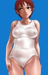 areolae blue_background breasts brown_eyes copyright_request lips matoyama one-piece_swimsuit red_hair school_swimsuit see-through short_hair solo swimsuit white_school_swimsuit white_swimsuit 