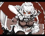  face izayoi_sakuya letterboxed maid monochrome red red_background red_eyes simple_background solo thighhighs touhou uousa-ou 