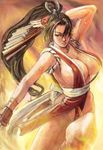  bad_id bad_pixiv_id breasts brown_eyes brown_hair fan fatal_fury fire folding_fan hamoto huge_breasts japanese_clothes long_hair pelvic_curtain ponytail revealing_clothes shiranui_mai solo the_king_of_fighters 