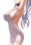 1girl armpit_crease armpits arms_up azur_lane backless_outfit belfast_(azur_lane) breasts collar commentary_request garter_straps highres large_breasts meme_attire ponytail shiny shiny_skin sideboob silver_hair simple_background smile solo sweater toid310 virgin_killer_sweater white_background 