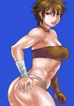  ass bandages bandeau blue_background blue_eyes brown_hair copyright_request curvy earrings gloves jewelry lips lowres matoyama oekaki short_hair solo strapless tubetop 