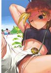  2girls bandana beach blonde_hair blush day gaiking gaiking:_legend_of_daikuu_maryuu hechi highres midriff multiple_girls one_eye_closed panties pantyshot pink_panties puria_richardson ruru_(gaiking) scan shorts suspenders tsuwabuki_daiya underwear upshorts 