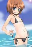  bikini day flat_chest lowres mitsuki_(toriaezu) one-piece_tan original side-tie_bikini solo swimsuit tan tanline 