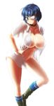  blue_hair breasts choker eyepatch huge_breasts ikkitousen nekomamire no_panties open_clothes open_shirt ryomou_shimei shirt solo 